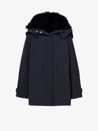 Proenza Schouler Still Life image of Wilder Coat in Stretch Nylon with Shearling in BLACK unzipped
