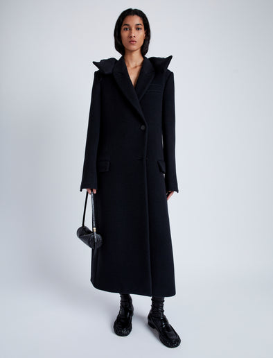Front image of model wearing Reed Coat in Brushed Melange Wool with Hood in charcoal melange