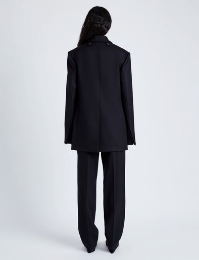 Proenza Schouler Back full length image of model wearing Archer Jacket in Wool Twill Suiting in BLACK