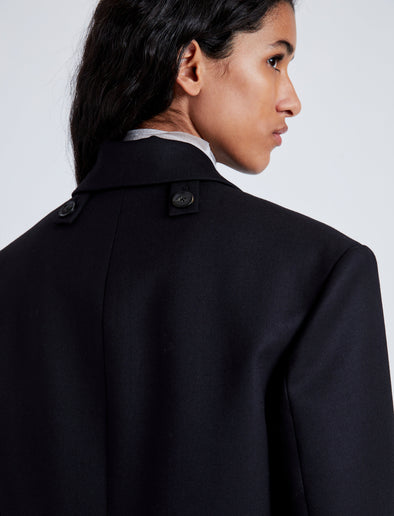 Proenza Schouler Detail image of model wearing Archer Jacket in Wool Twill Suiting in BLACK