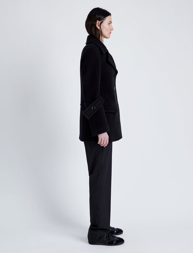 Proenza Schouler Side full length image of model wearing Rowen Coat in Eco Double Face Wool in BLACK