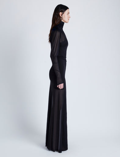 Proenza Schouler Side full length image of model wearing Paula Dress in Sheer Crepe Jersey in BLACK