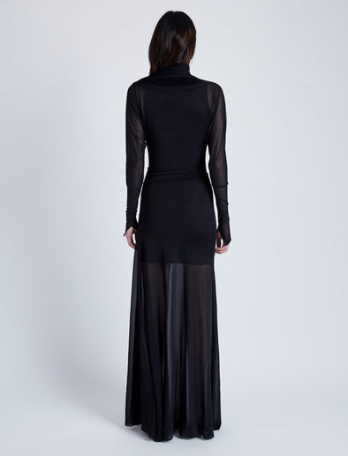 Proenza Schouler Back full length image of model wearing Paula Dress in Sheer Crepe Jersey in BLACK