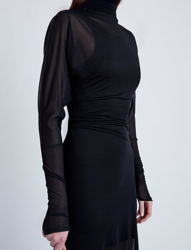 Proenza Schouler Detail image of model wearing Paula Dress in Sheer Crepe Jersey in BLACK