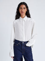 Cropped front image of model wearing Demi Blouse in Stretch Silk Viscose in bone