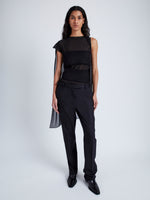 Front full length image of model wearing Aurora Top In Crepe Chiffon / Wool Gabardine in Black