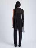 Back full length image of model wearing Aurora Top In Crepe Chiffon / Wool Gabardine in Black