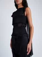 Detail image of model wearing Aurora Top In Crepe Chiffon / Wool Gabardine in Black