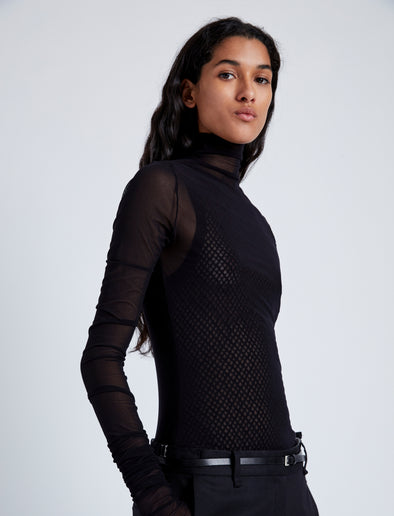 Proenza Schouler Detail image of model wearing Rio Top in Stretch Tulle Jersey in BLACK