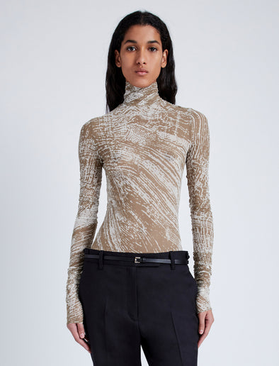 Proenza Schouler Front cropped image of model wearing Rio Top in Printed Stretch Tulle Jersey in WOOD