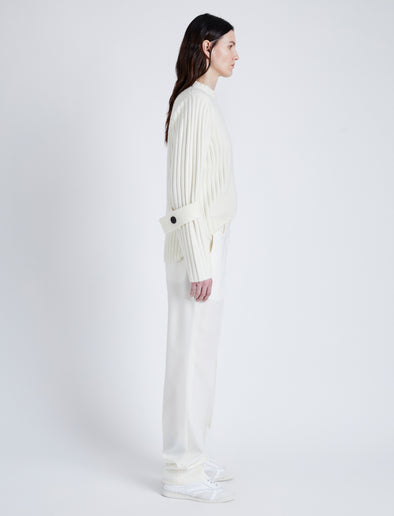 Proenza Schouler Side full length image of model wearing Verona Sweater in Midweight Cashmere Rib in BONE