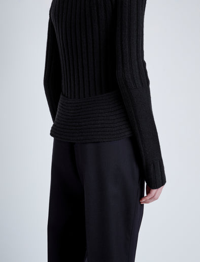 Proenza Schouler detail image of model wearing Haven Sweater in Midweight Cashmere Rib in black