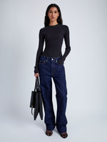Front full length image of model wearing Alyssa Sweater In Wool Viscose Knit in Charcoal