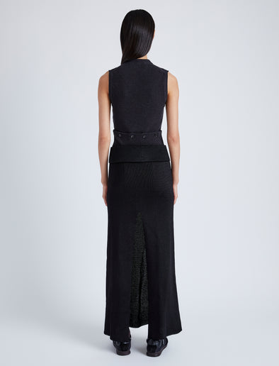 Proenza Schouler Back full length image of model wearing Cruz Vest in Midweight Viscose Rib Knit in CHARCOAL