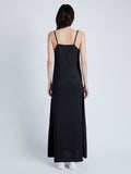 Back image of model wearing Bella Dress in Lacquered Viscose in black