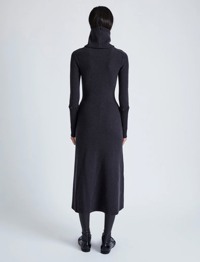 Proenza Schouler Back full length image of model wearing Jocelyn Dress in Midweight Viscose Rib Knit in CHARCOAL