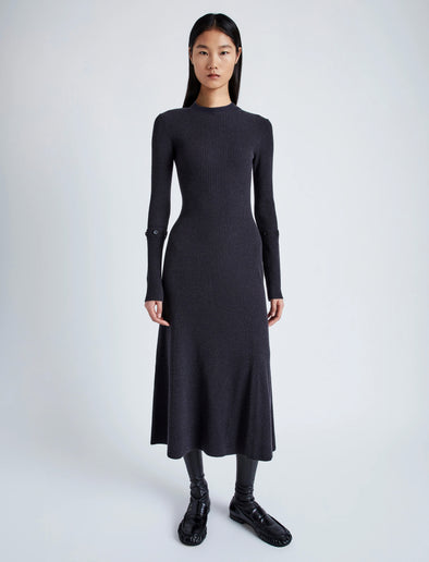 Proenza Schouler Front full length image of model wearing Jocelyn Dress in Midweight Viscose Rib Knit in CHARCOAL with snood removed