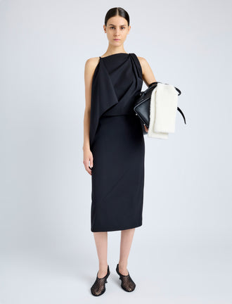 Proenza Schouler Front full length image of model wearing Elena Dress in Wool Gabardine Suiting in BLACK