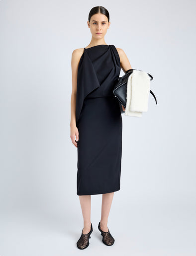 Proenza Schouler Front full length image of model wearing Elena Dress in Wool Gabardine Suiting in BLACK