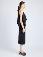Proenza Schouler Side full length image of model wearing Elena Dress in Wool Gabardine Suiting in BLACK