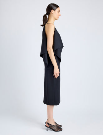 Proenza Schouler Side full length image of model wearing Elena Dress in Wool Gabardine Suiting in BLACK