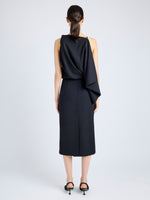 Proenza Schouler Back full length image of model wearing Elena Dress in Wool Gabardine Suiting in BLACK