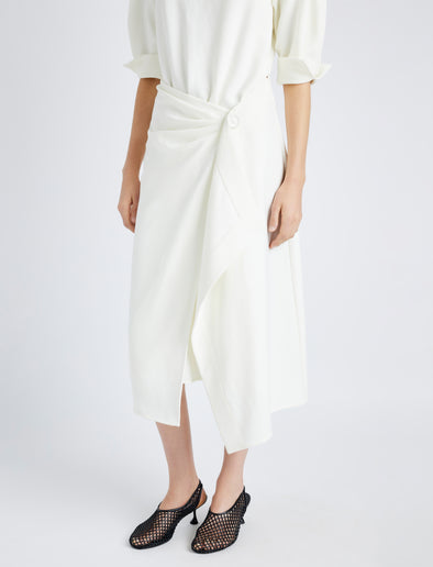 Proenza Schouler Detail image of model wearing Maisie Dress in Matte Viscose Crepe in IVORY