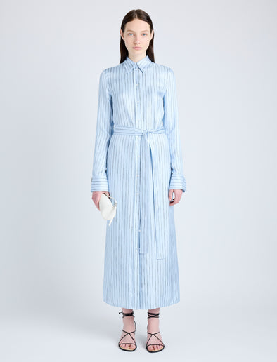 Proenza Schouler Front full length image of model wearing Hannah Dress in Stripe Silk Twill in PALE BLUE MULTI