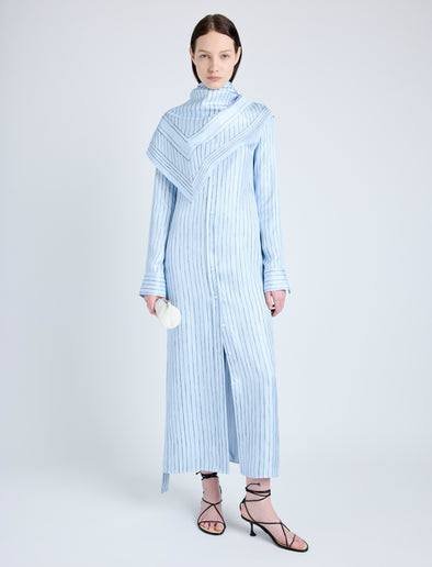 Proenza Schouler Front full length image of model wearing Hannah Dress in Stripe Silk Twill in PALE BLUE MULTI
