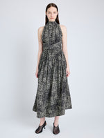 Proenza Schouler Front full length image of model wearing Lola Dress in Printed Viscose Crepe in BLACK MULTI