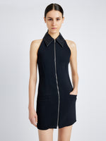 Proenza Schouler Detail image of model wearing Emi Dress in Bi-Stretch Suiting in BLACK