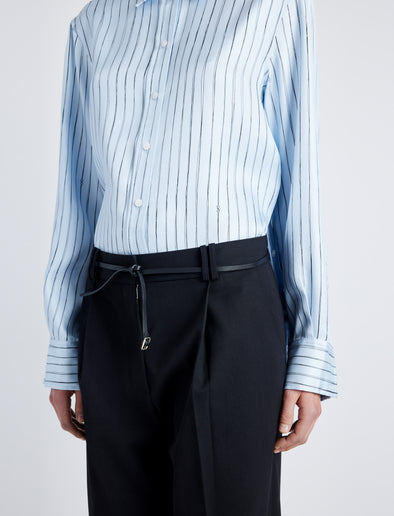 Proenza Schouler Detail image of model wearing Madison Top in Stripe Silk Twill in PALE BLUE MULTI