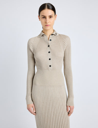 Proenza Schouler Detail image of model wearing Maeve Dress in Superfine Merino Silk in TAUPE