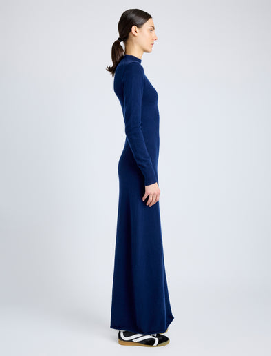 Proenza Schouler side image of model wearing Annette Dress in Cashmere Silk in navy