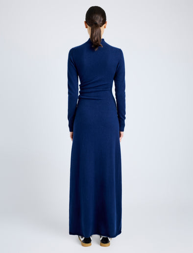 Proenza Schouler back image of model wearing Annette Dress in Cashmere Silk in navy