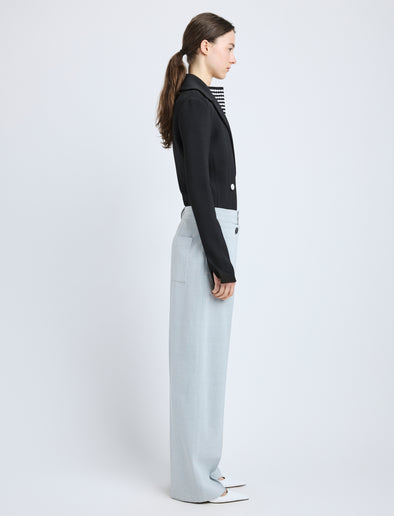 Proenza Schouler Side full length image of model wearing Marine Jacket in Bi-Stretch Suiting in Black