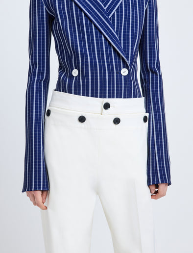 Proenza Schouler Detail image of model wearing Marine Jacket in Plaid Bi-Stretch Viscose in Cobalt Multi