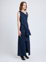 Proenza Schouler Side full length image of model wearing Jackie Dress in Technical Nylon Jacquard in Midnight