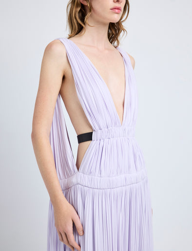 Proenza Schouler Detail image of model wearing Serra Dress in Matte Jersey in Lilac