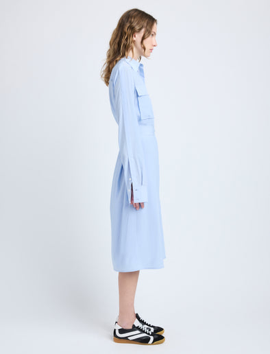 Proenza Schouler Side full length image of model wearing McKenna Dress in Stretch Silk Viscose in Pale Blue