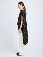 Proenza Schouler Side full length image of model wearing Sutton Top in Stripe Bi-Stretch Viscose in Black Multi