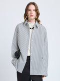 Proenza Schouler Front cropped image of model wearing Hunter Top in Stripe Cotton Silk Poplin in Navy Multi