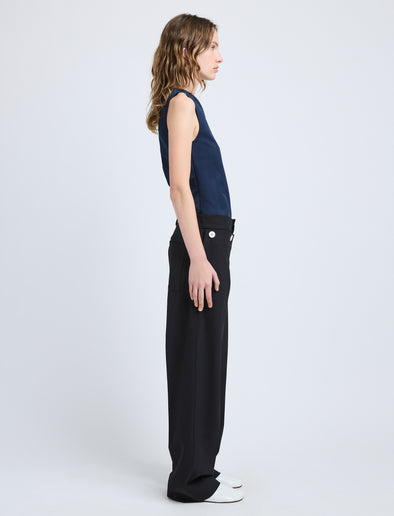 Proenza Schouler Side full length image of model wearing Marin Top in Technical Nylon Jacquard in Midnight