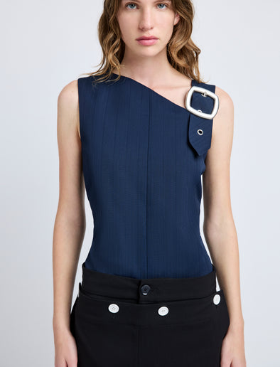 Proenza Schouler Detail image of model wearing Marin Top in Technical Nylon Jacquard in Midnight