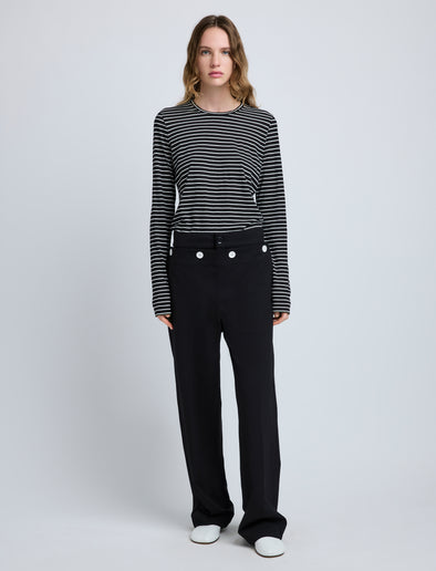 Proenza Schouler Front full length image of model wearing Mia T-Shirt in Cotton Stripe Jersey in Black Multi