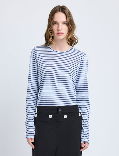Proenza Schouler Front cropped image of model wearing Mia T-Shirt in Cotton Stripe Jersey in Chambray Multi