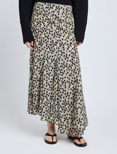 Proenza Schouler Detail image of model wearing Joelle Skirt in Printed Silk Viscose in Sand Multi