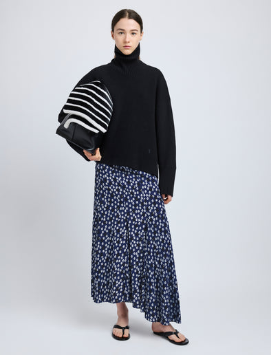 Proenza Schouler Front full length image of model wearing Joelle Skirt in Printed Silk Viscose in Navy Multi