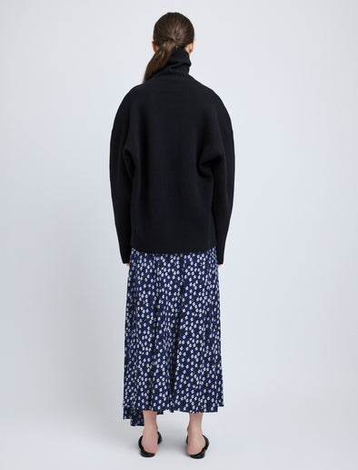 Proenza Schouler Back full length image of model wearing Joelle Skirt in Printed Silk Viscose in Navy Multi