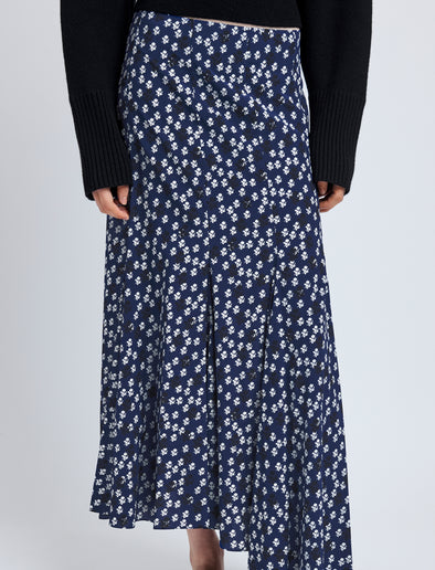 Proenza Schouler Detail image of model wearing Joelle Skirt in Printed Silk Viscose in Navy Multi